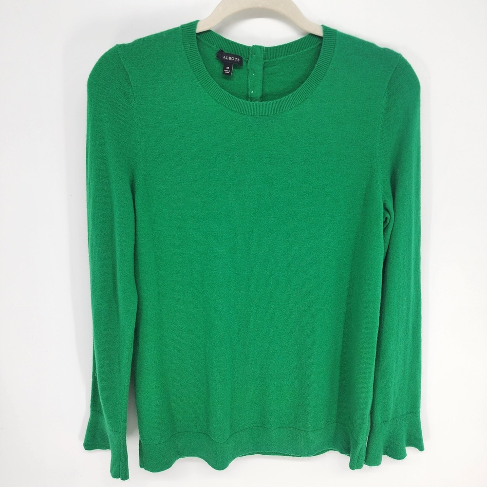 Talbots Pullover Sweater Womens Sz M Green Flare Bell Cuff Button Back Lambswool